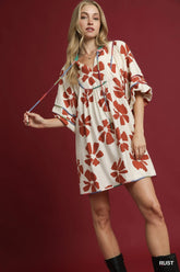 Umgee Two Tone Floral Tie-Neck Babydoll Dress OutfitFlow